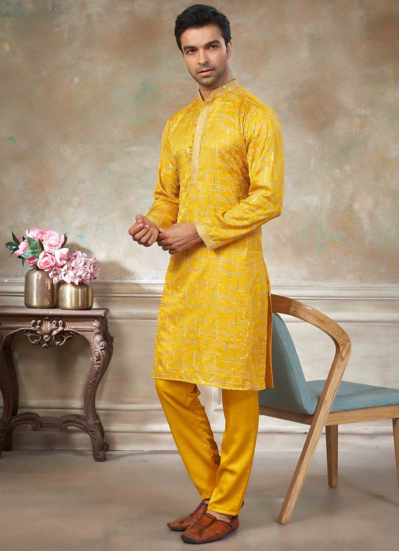 Yellow colour cotton with embroidery work kurta pajama menswear collections