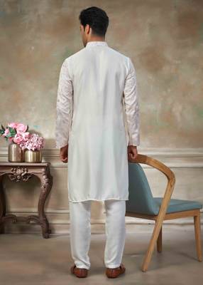 White colour cotton with embroidery work kurta pajama menswear collections 2