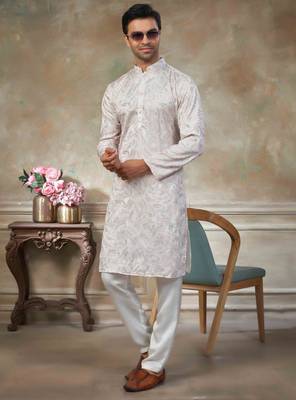White colour cotton with embroidery work kurta pajama menswear collections 3