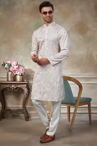 White colour cotton with embroidery work kurta pajama menswear collections