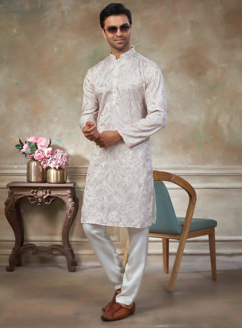 White colour cotton with embroidery work kurta pajama menswear collections