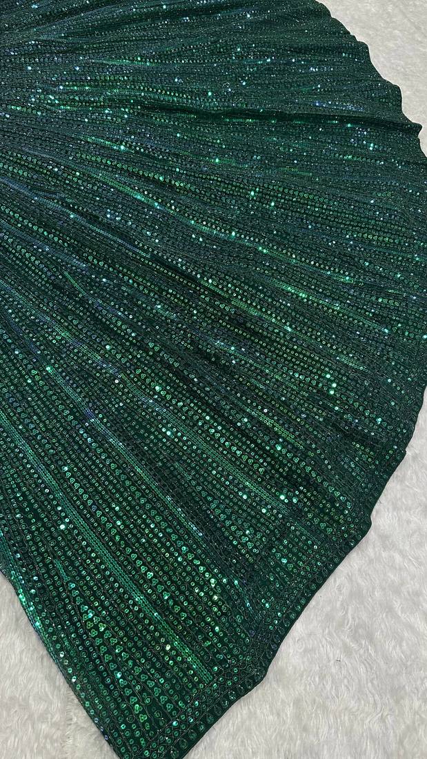 GREEN Rainbow Sequins & Dori Work Net Flared Lehenga with Net Dupatta and Unstitched Net Blouse
