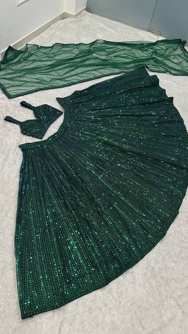 GREEN Rainbow Sequins & Dori Work Net Flared Lehenga with Net Dupatta and Unstitched Net Blouse