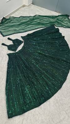 GREEN Rainbow Sequins & Dori Work Net Flared Lehenga with Net Dupatta and Unstitched Net Blouse 6