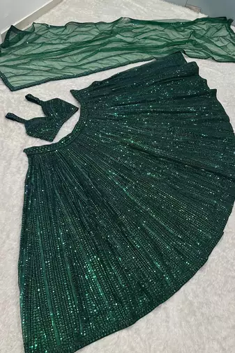 GREEN Rainbow Sequins & Dori Work Net Flared Lehenga with Net Dupatta and Unstitched Net Blouse