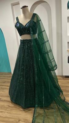 GREEN Rainbow Sequins & Dori Work Net Flared Lehenga with Net Dupatta and Unstitched Net Blouse 6