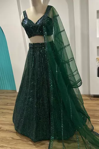 GREEN Rainbow Sequins & Dori Work Net Flared Lehenga with Net Dupatta and Unstitched Net Blouse