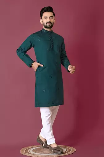 Green moti hand work roman silk kurta set for men
