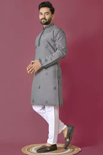 Gray moti hand work roman silk kurta set for men
