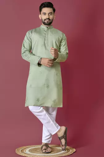 Pista moti hand work roman silk kurta set for men