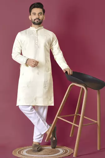 White moti hand work roman silk kurta set for men