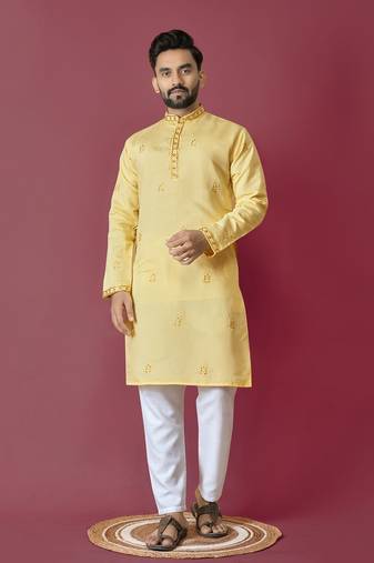 Yellow  moti hand work roman silk kurta set for men