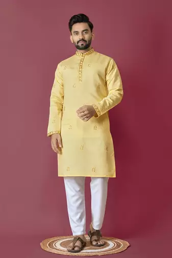 Yellow  moti hand work roman silk kurta set for men