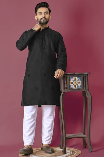 Black moti hand work roman silk kurta set for men