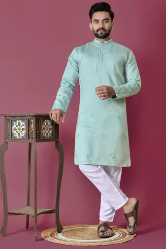 Sky blue moti hand work roman silk kurta set for men