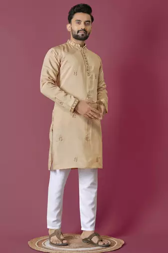 Orange  moti hand work roman silk kurta set for men