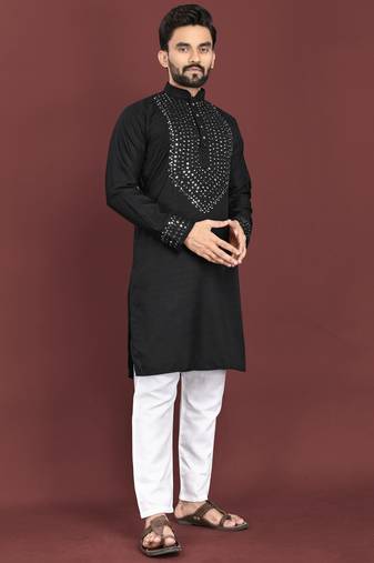 Black mirror work soft silk kurta set for men