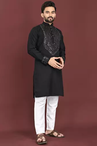 Black mirror work soft silk kurta set for men