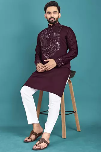 Winw mirror work soft silk kurta set for men
