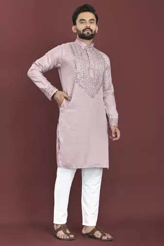 Pink mirror work soft silk kurta set for men