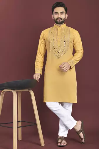 Yellow mirror work soft silk kurta set for men