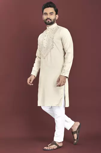 Off white mirror work soft silk kurta set for men