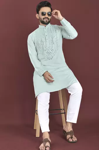 Teal green mirror work soft silk kurta set for men