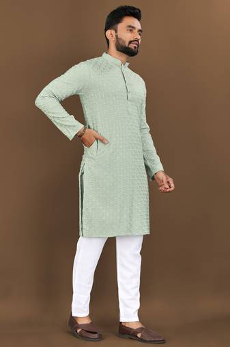 Pista rayon embroidered sqeuence work kurta pajama set