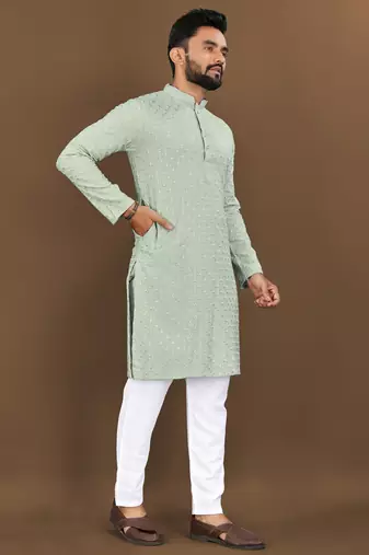 Pista rayon embroidered sqeuence work kurta pajama set