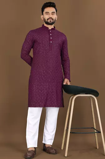 Wine rayon embroidered sqeuence work kurta pajama set