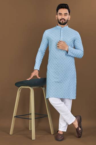 Sky blue rayon embroidered sqeuence work kurta pajama set