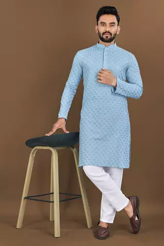 Sky blue rayon embroidered sqeuence work kurta pajama set