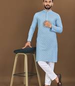 Sky blue rayon embroidered sqeuence work kurta pajama set