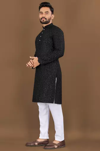 Black rayon embroidered sqeuence work kurta pajama set