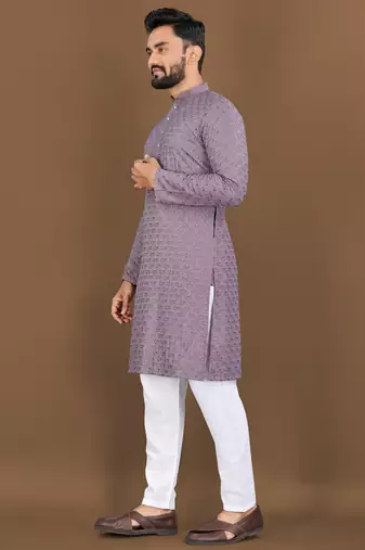 Lavender rayon embroidered sqeuence work kurta pajama set