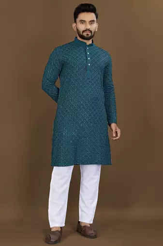 Teal blue rayon embroidered sqeuence work kurta pajama set