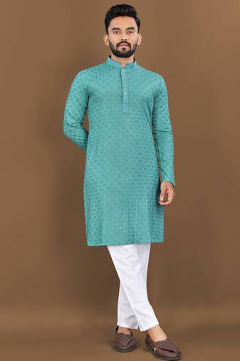 Teal green  rayon embroidered sqeuence work kurta pajama set