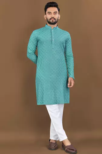 Teal green  rayon embroidered sqeuence work kurta pajama set