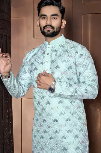 Sky blue embroidered italian silk kurta set for men