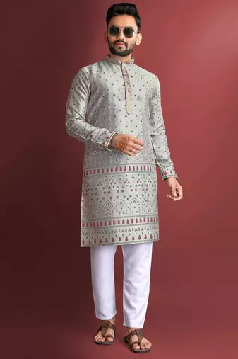 Grey amboj work cotton kurta set for men