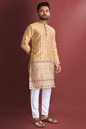 Light orange amboj work cotton kurta set for men