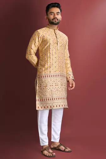 Light orange amboj work cotton kurta set for men