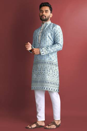 Sky blue amboj work cotton kurta set for men