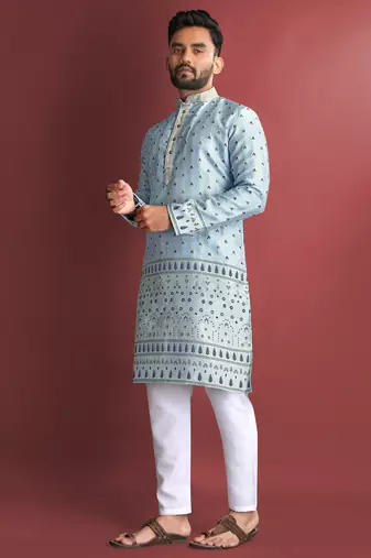 Sky blue amboj work cotton kurta set for men