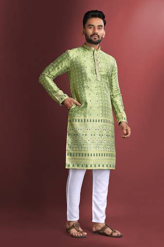 Green amboj work cotton kurta set for men