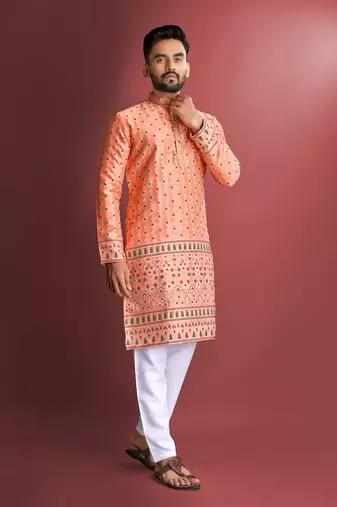Orange amboj work cotton kurta set for men