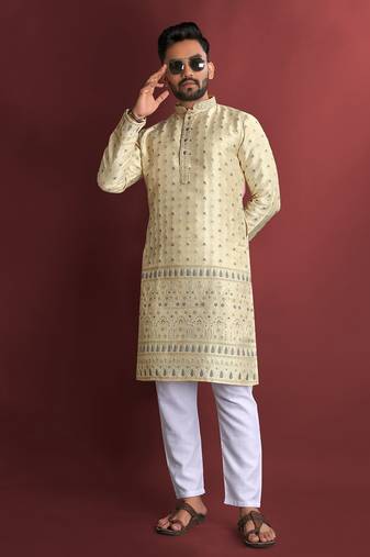 Yellow amboj work cotton kurta set for men