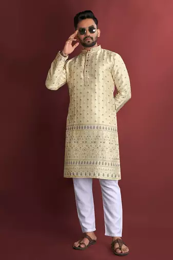 Yellow amboj work cotton kurta set for men