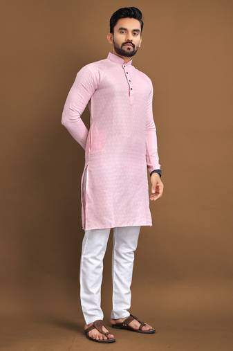 pink embroidered jacquard kurta set for men