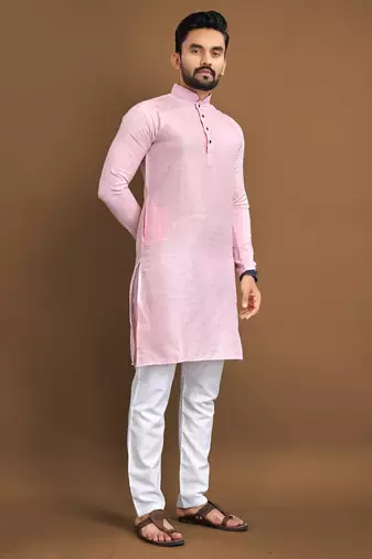 pink embroidered jacquard kurta set for men
